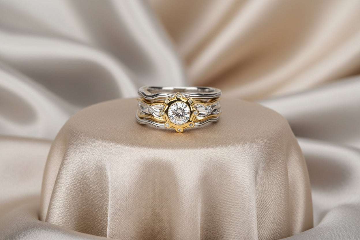 KEITH JACK SS & 10K YG MOISSANITE & CZ ROCKS N RIVER 3PC RING SET SZ 7