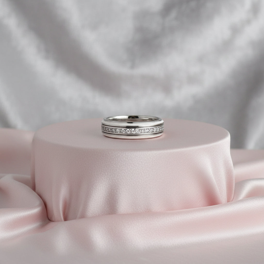 925 SILVER CZ & WHITE ENAMEL "OASIS" RING SIZE 6