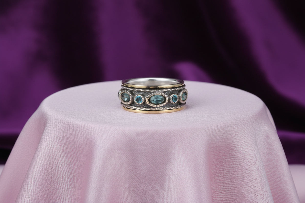 SS & 10K YG BONDED EDGES - BLUE TOPAZ "SKY" MEDITATION RING SIZE 8
