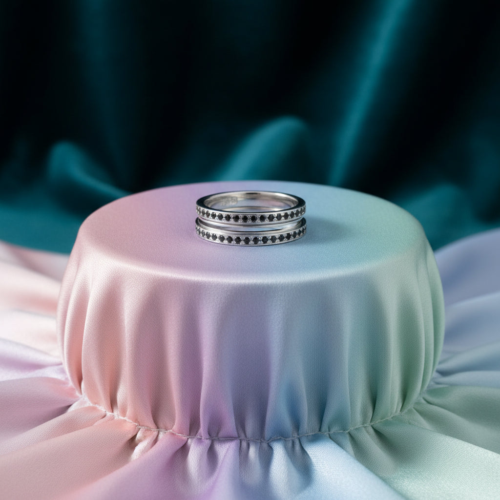 SS & BLACK CZ DOULBE MEDITATION RING "EPIPHANY"SIZE 9