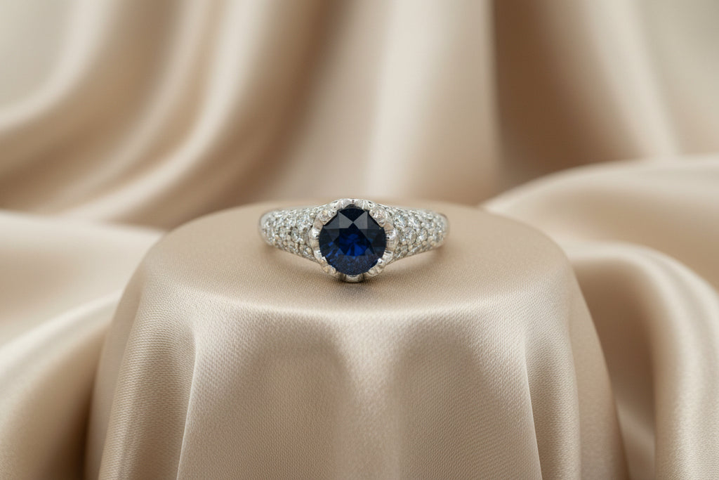 18K WHITE GOLD 1.15CT BLUE SAPPHIRE AND 1.22TW DIAMOND ENGAGEMENT RINGSAPPHIRE APPR: $5800.00