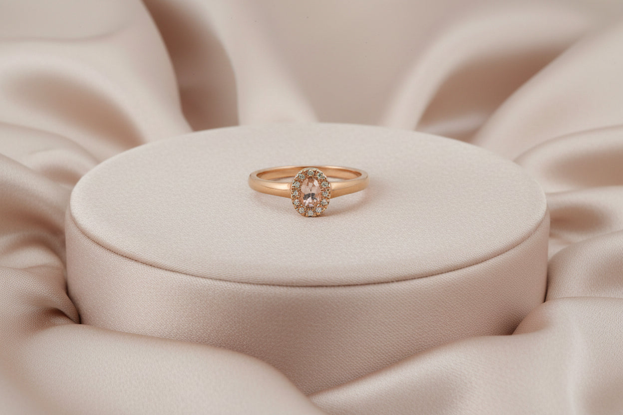 10K RG 0.24CT OVAL MORGANITE WITH .03CTW DIAMOND HALO RING