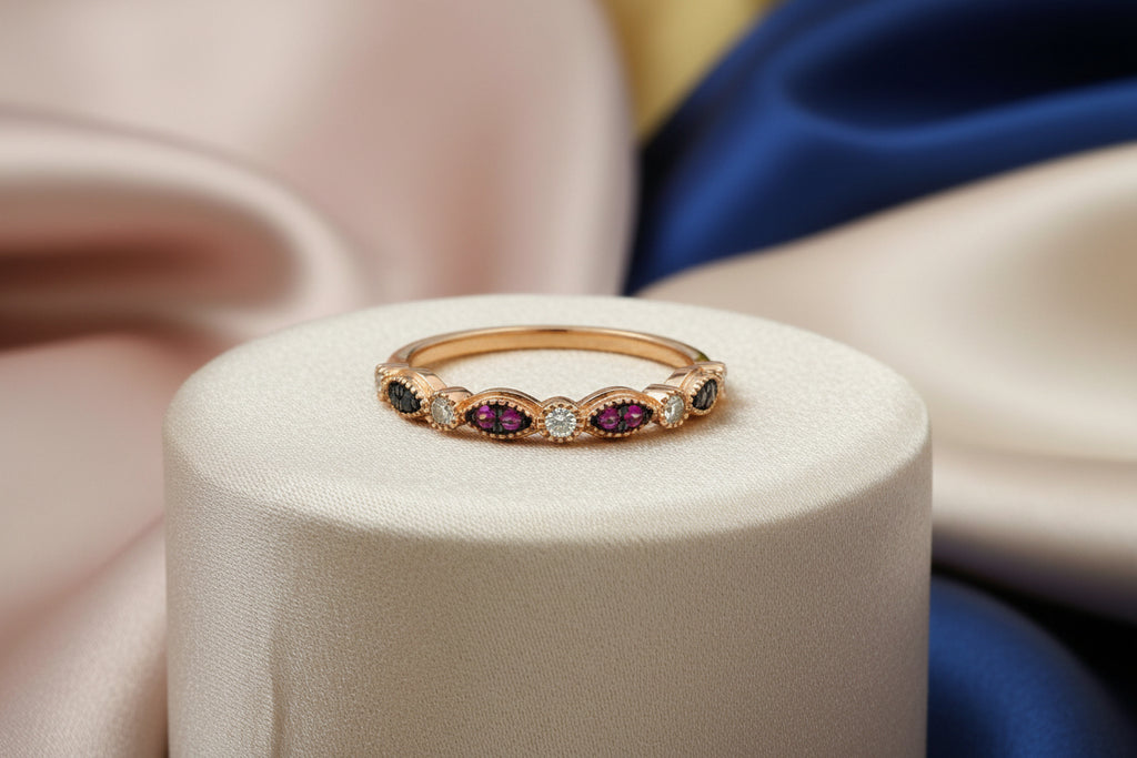 10K RG .15TW DIAMOND AND RUBY BAND