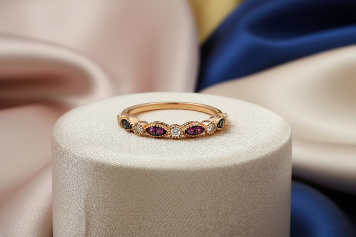 10K RG .15TW DIAMOND AND RUBY BAND