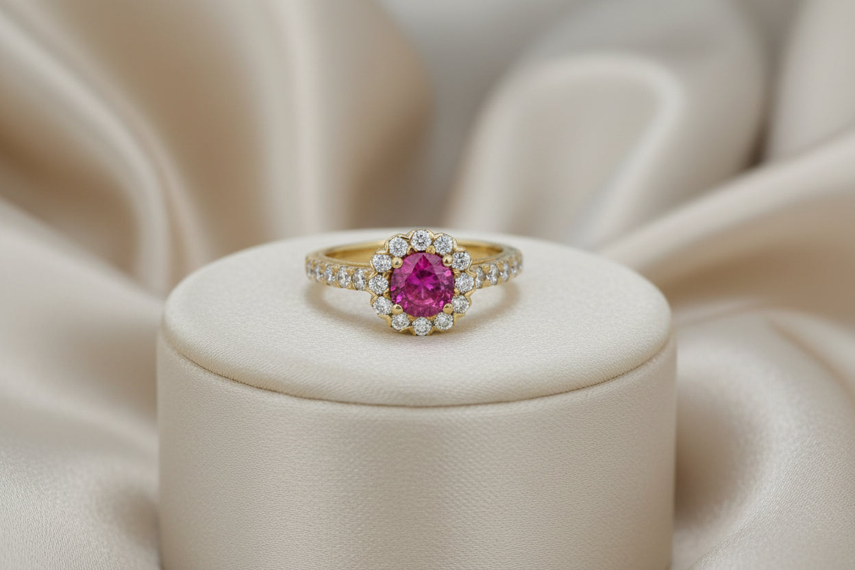 14K WG .88CT PINK SAPPHIRE SET INTO .62TW DIAMOND HALO RINGAPPRASIAL LK0318100