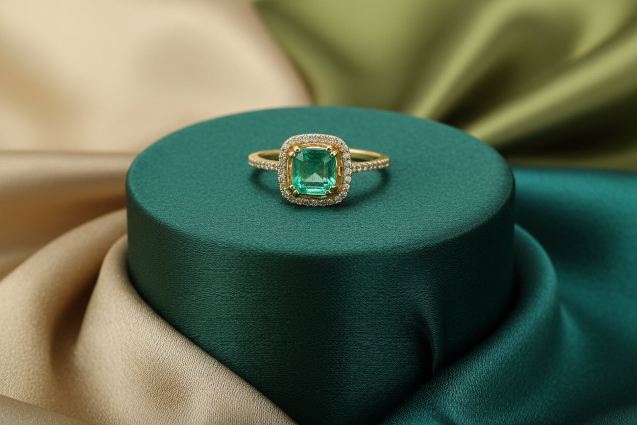 14K YG .65CT EMERALD SET WITH .13TW DIAMONDS.