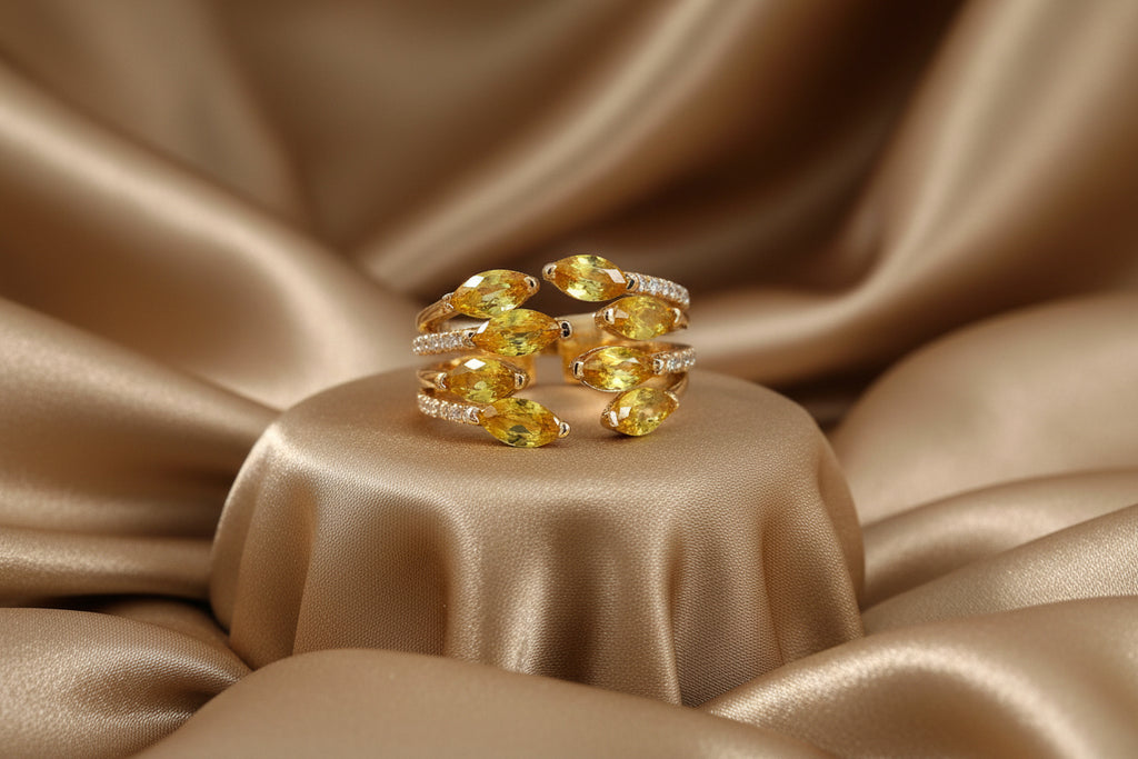 14K YG APPR. 2.80TW YELLOW SAPPHIRE AND .25TW DIAMOND 4 ROW OPEN DINNER RING