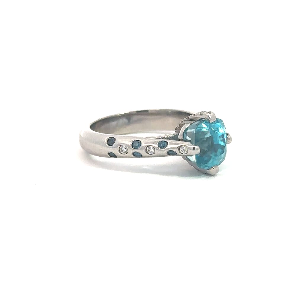 14K WG 4.70ct Blue Zircon Ring with 0.16ctw Blue Diamonds & 0.21ctw Diamonds (Custom)