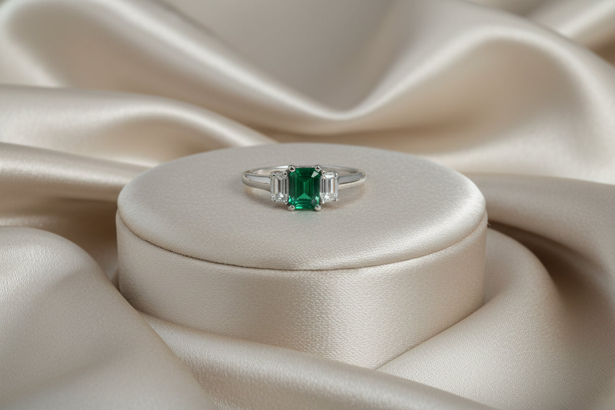 18K WG .56CT EMERALD AND .45TW VS1 GH DIAMOND TRINTY STYLE RINGAPP: $5500.00