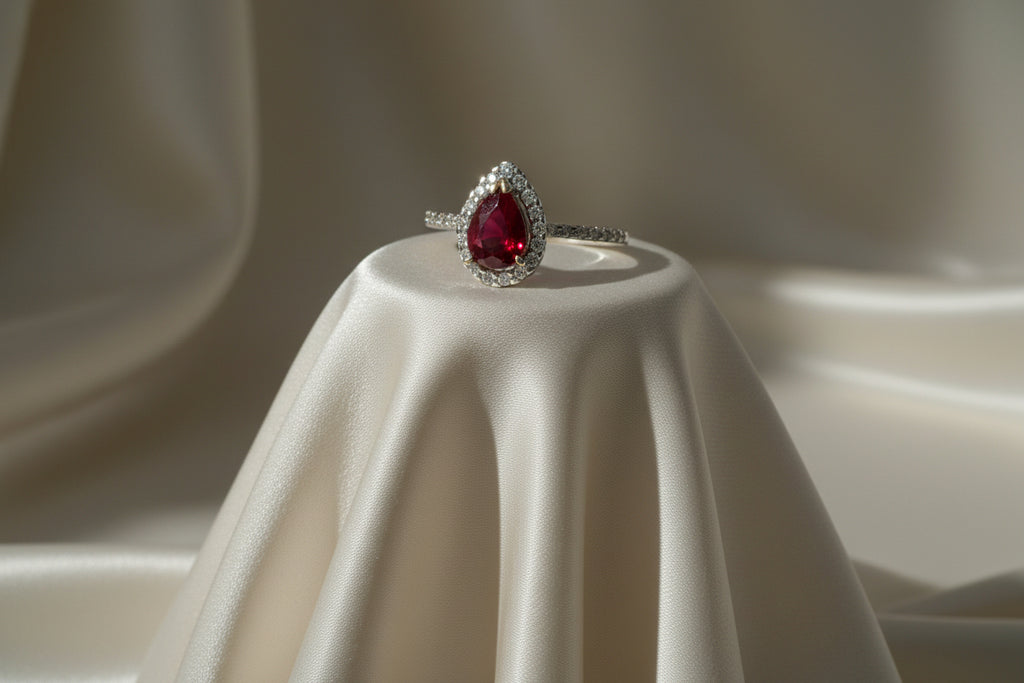 18K WG 1.02CT RUBY AND DIAMOND RING & .25TW OF DIAMONDS.