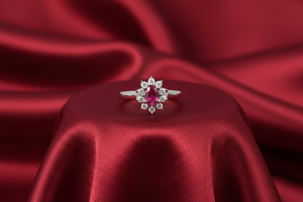 18K WG 0.58CT OVAL RUBY 0.22CTW DIA RING