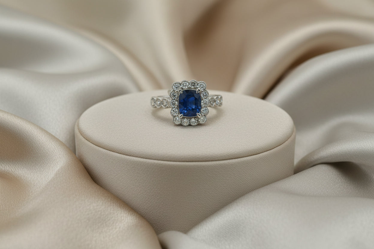 14K WG 0.82CTW VS2/SI1 G-H DIAMOND MOUNT (KASHI) SET WITH 1.18CT BLUE SAPPHIRE