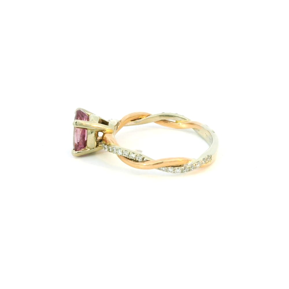 14K two-tone ring with pink sapphire & diamond twisted band