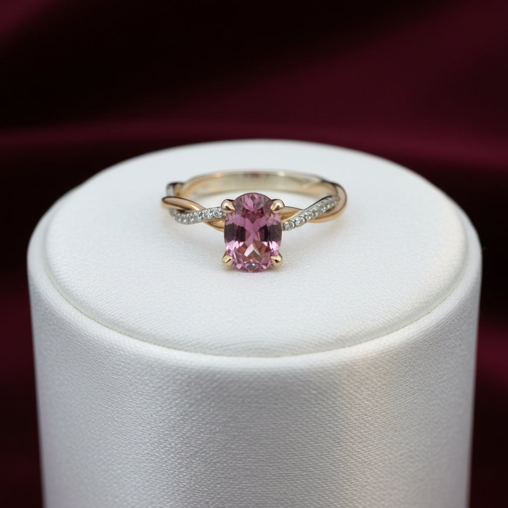 14K two-tone ring with pink sapphire & diamond twisted band