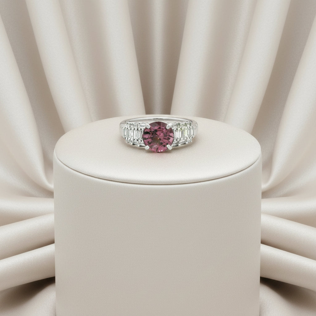 18K WG 2.03ct Pink Spinel Ring with 0.48ctw VS-SI, GH Baguette Diamonds