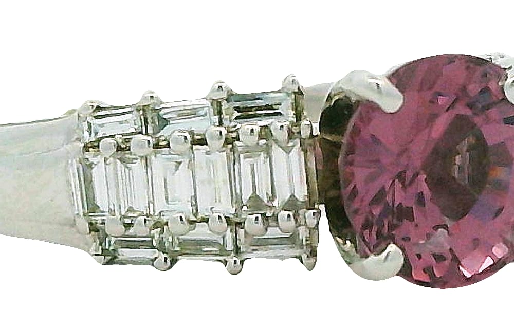 18K WG 2.03ct Pink Spinel Ring with 0.48ctw VS-SI, GH Baguette Diamonds
