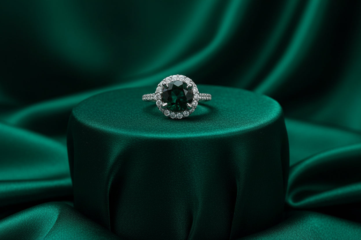 18K WHITE GOLD ROUND 2CT TEAL SAPPHIRE WITH 0.76CT TW VS-SI FG DIAMONDS RING