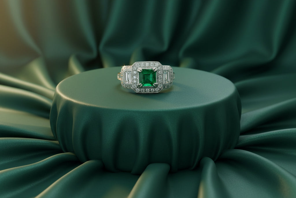 0.87CT EMERALD 0.35CT TW BAGUETTE DIAMONDS 0.18CT TW PRINCESS CUT DIAMONDS 0.36CT TW ROUND DIAMON...