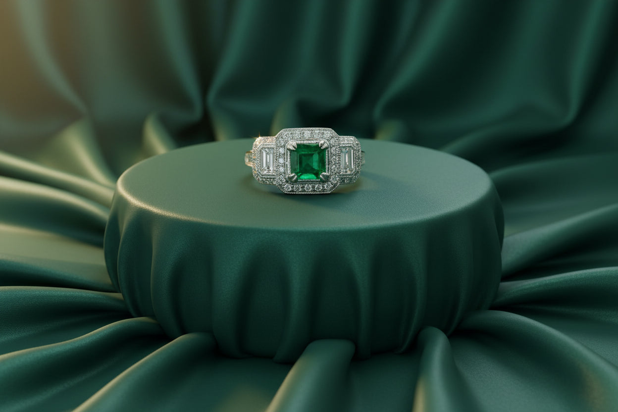 0.87CT EMERALD 0.35CT TW BAGUETTE DIAMONDS 0.18CT TW PRINCESS CUT DIAMONDS 0.36CT TW ROUND DIAMON...