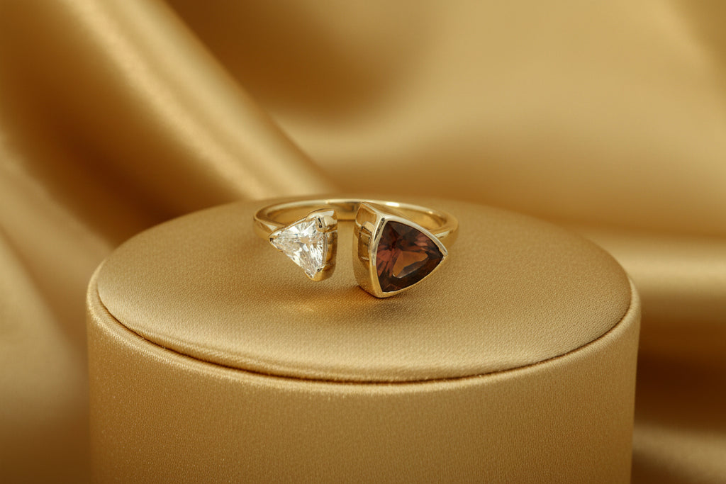 14K YELLOW GOLD & WHITEGOLD SETTING RING WITH 0.60CT TRILLAN INTENCE PINK SPINEL & 0.32CT TRILLAN...