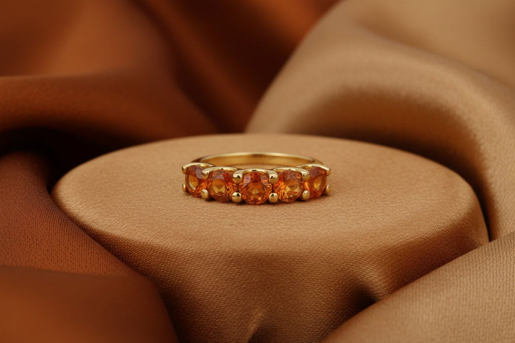 14K YELLOW GOLD RING WITH 5 ORANGE SAPPHIRE 4MM ROUND 1.40CT TW BAND RING SIZE 6.5