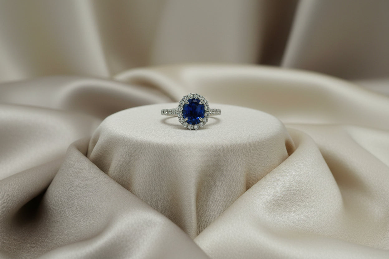 CUSTOM 14K WG 1.17CT BLUE SAPPHIRE ACCENTED WITH .56TW DIAMOND HALO RING