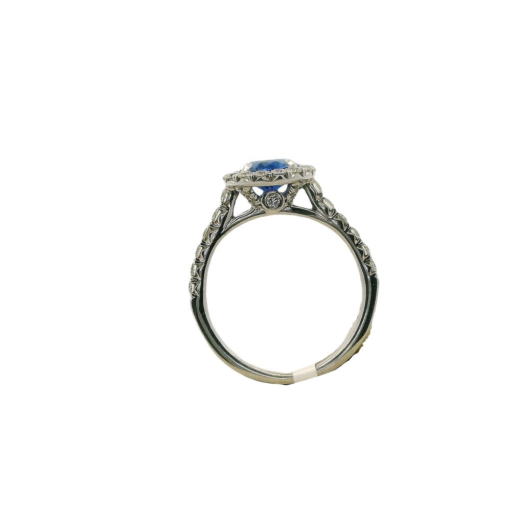 CUSTOM 14K WG 1.17CT BLUE SAPPHIRE ACCENTED WITH .56TW DIAMOND HALO RING