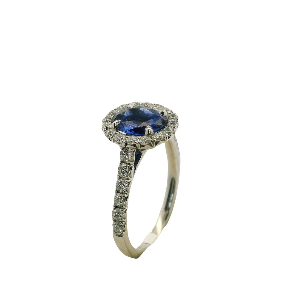 CUSTOM 14K WG 1.17CT BLUE SAPPHIRE ACCENTED WITH .56TW DIAMOND HALO RING