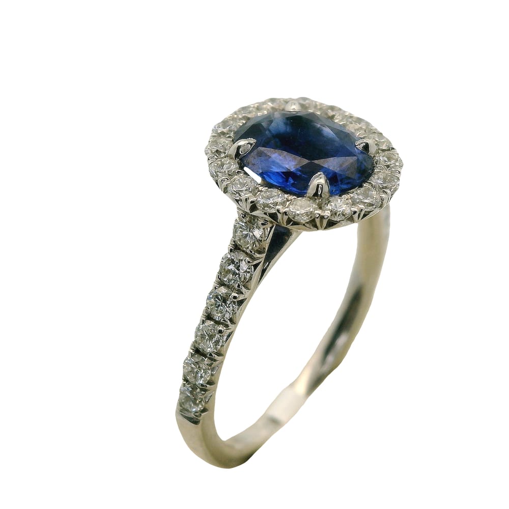 CUSTOM 14K WG 1.17CT BLUE SAPPHIRE ACCENTED WITH .56TW DIAMOND HALO RING
