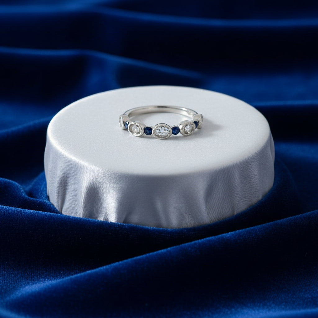 14K White gold blue sapphire and diamond band