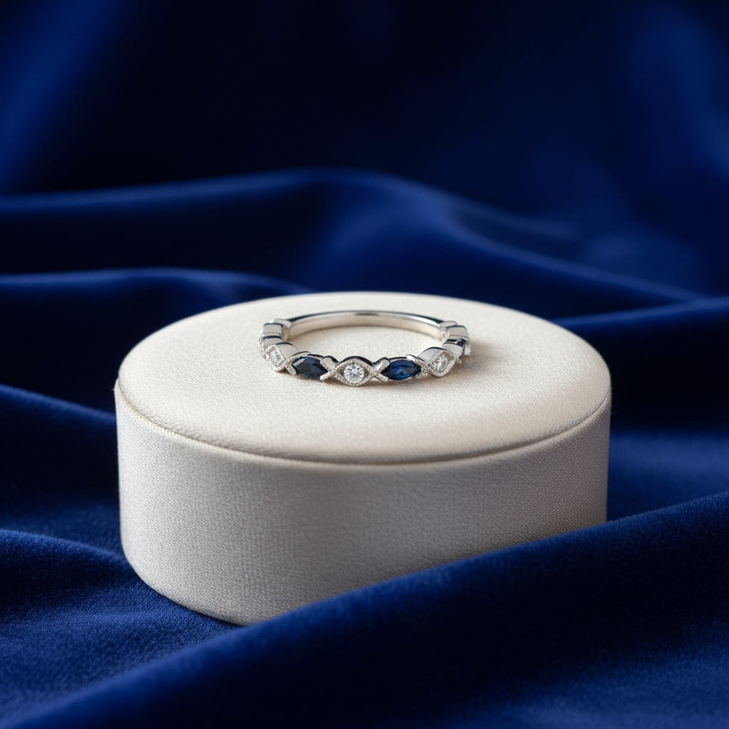 14K White gold alternating blue sapphire & diamond band