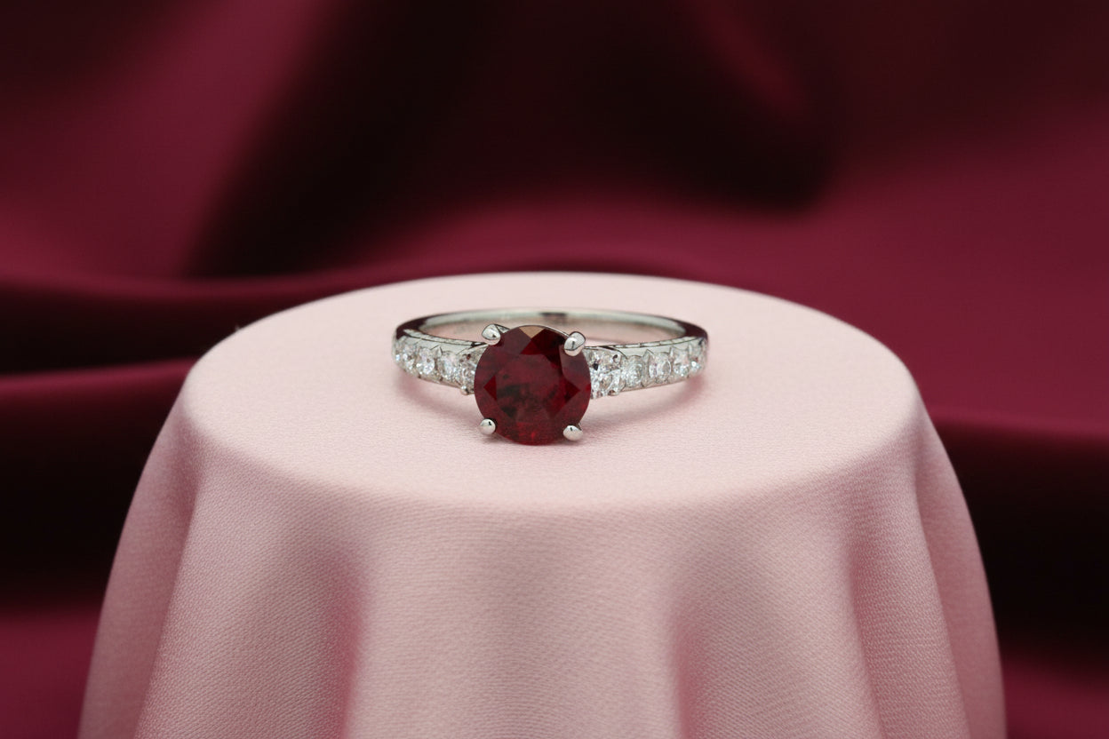 14K WHITE GOLD 1.70CT RHODOLITE GARNET ACCENTED .40CT TW SI1 H DIAMOND RING