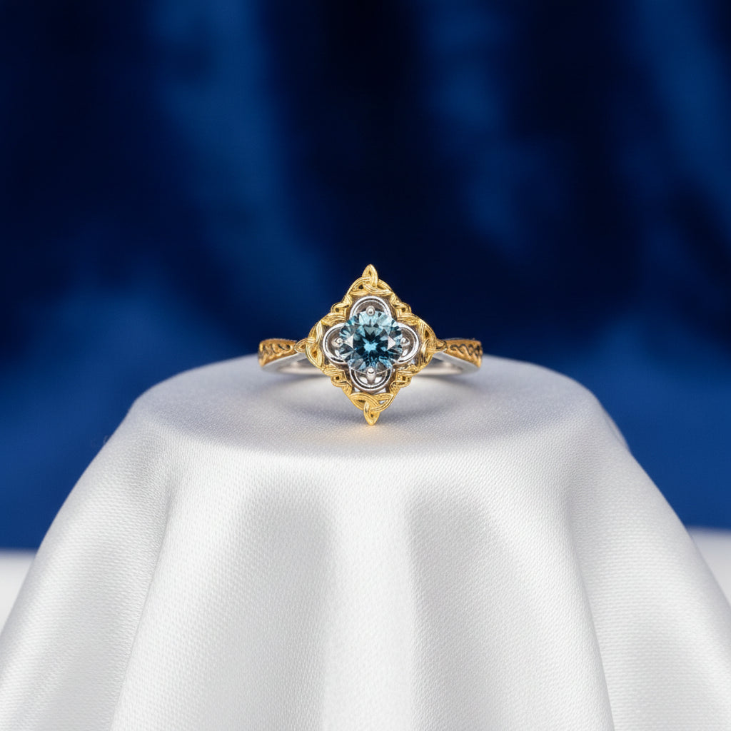 SS +10K YG Mystic Blue Moissanite Celestial Ring Size 7