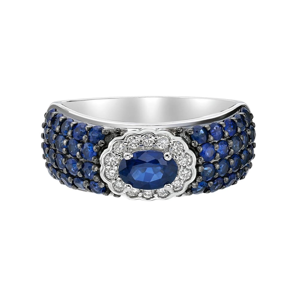 10K WG 0.55CT Blue Oval Sapphire Center With Diamond Halo and Blue Sapphire Ring