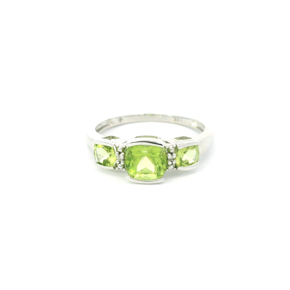 10K White gold three stone peridot & diamond ring