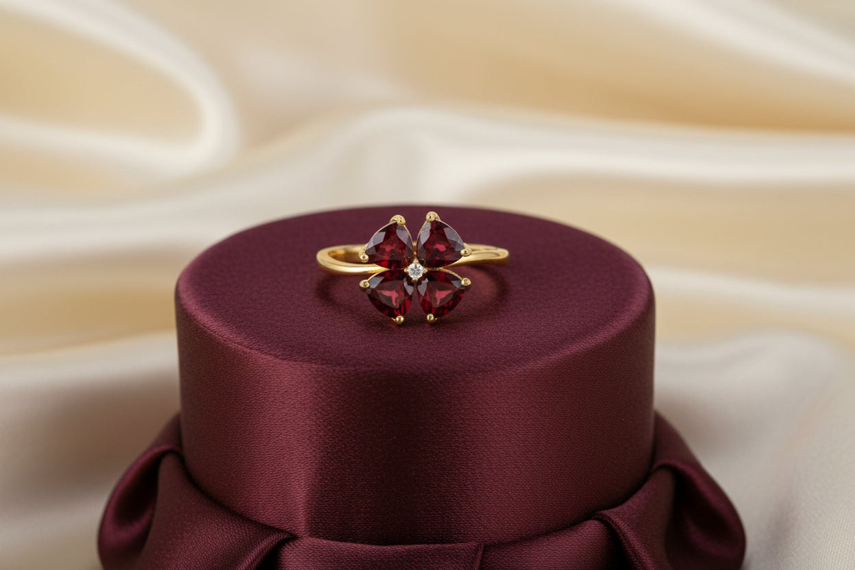 10K YG 2.25CTW Garnet + 0.015CT Diamond Flower Ring