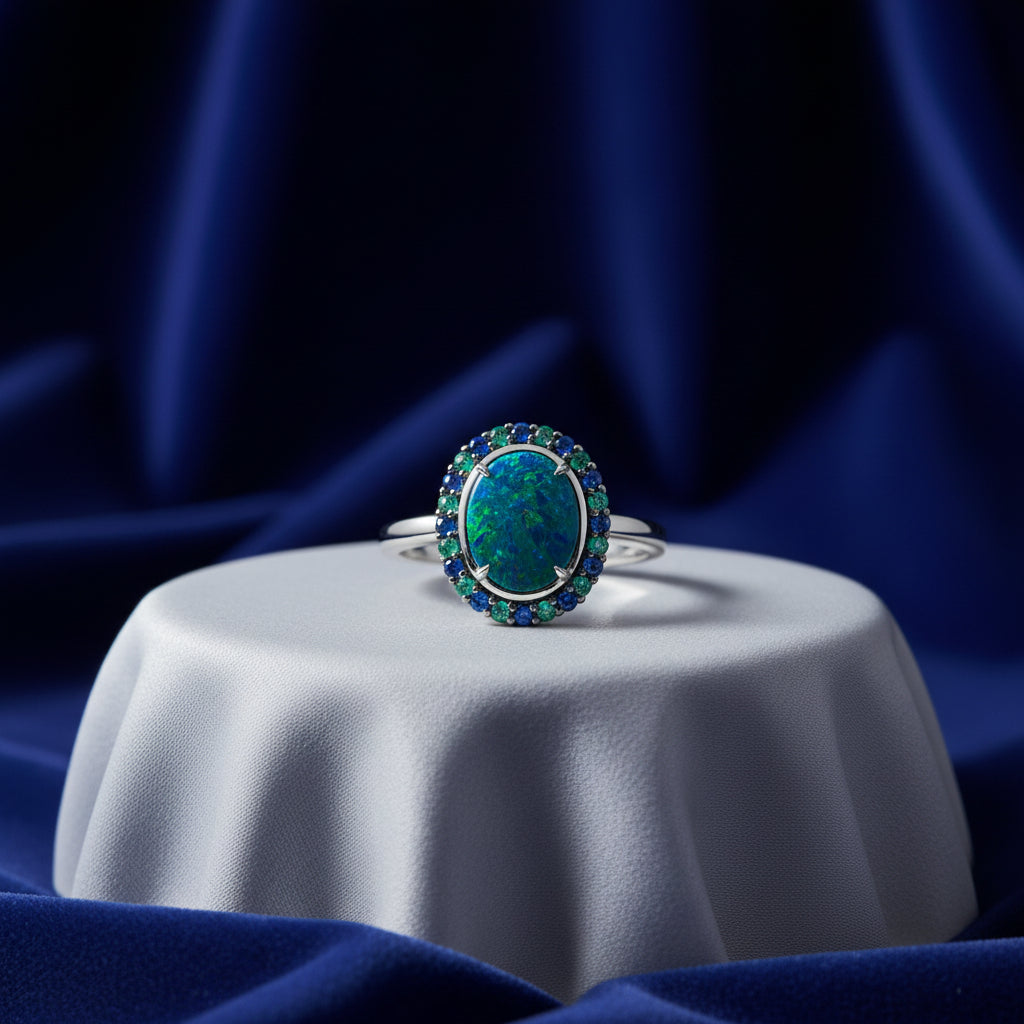 10K WG 10 x 8mm Opal Doublet Ring with Emerald & Blue Sapphire Halo