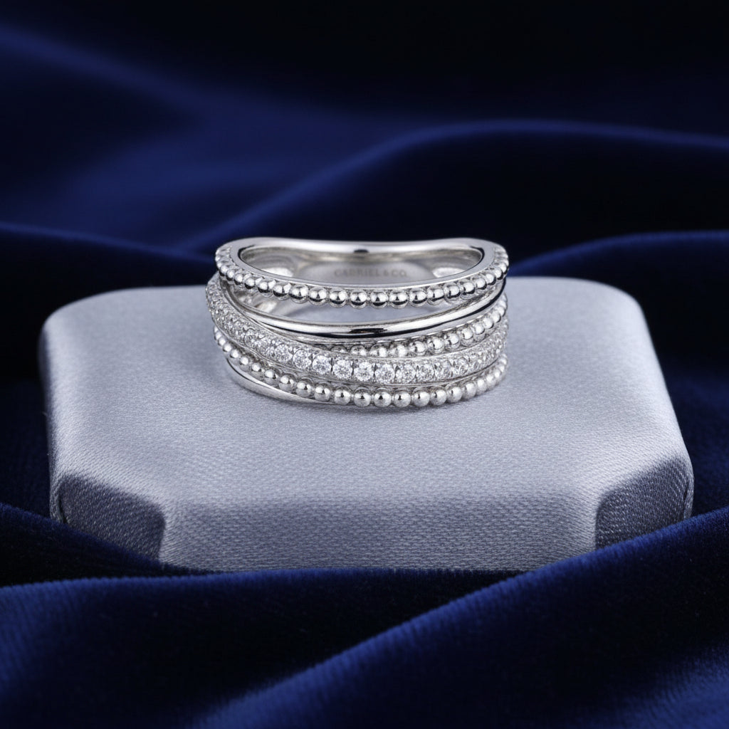 (S2203382) Sterling Silver 0.30ctw White Sapphire Layered Bujukan Beaded Ring Sz 6.5 "Gabriel & Co."