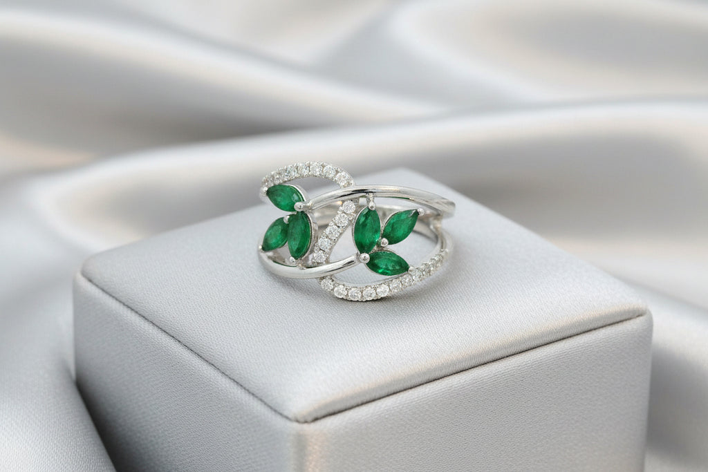 10K WG 0.85ctw Marquise Emeralds & 1.10ctw Diamond Leaf Ring Size 7