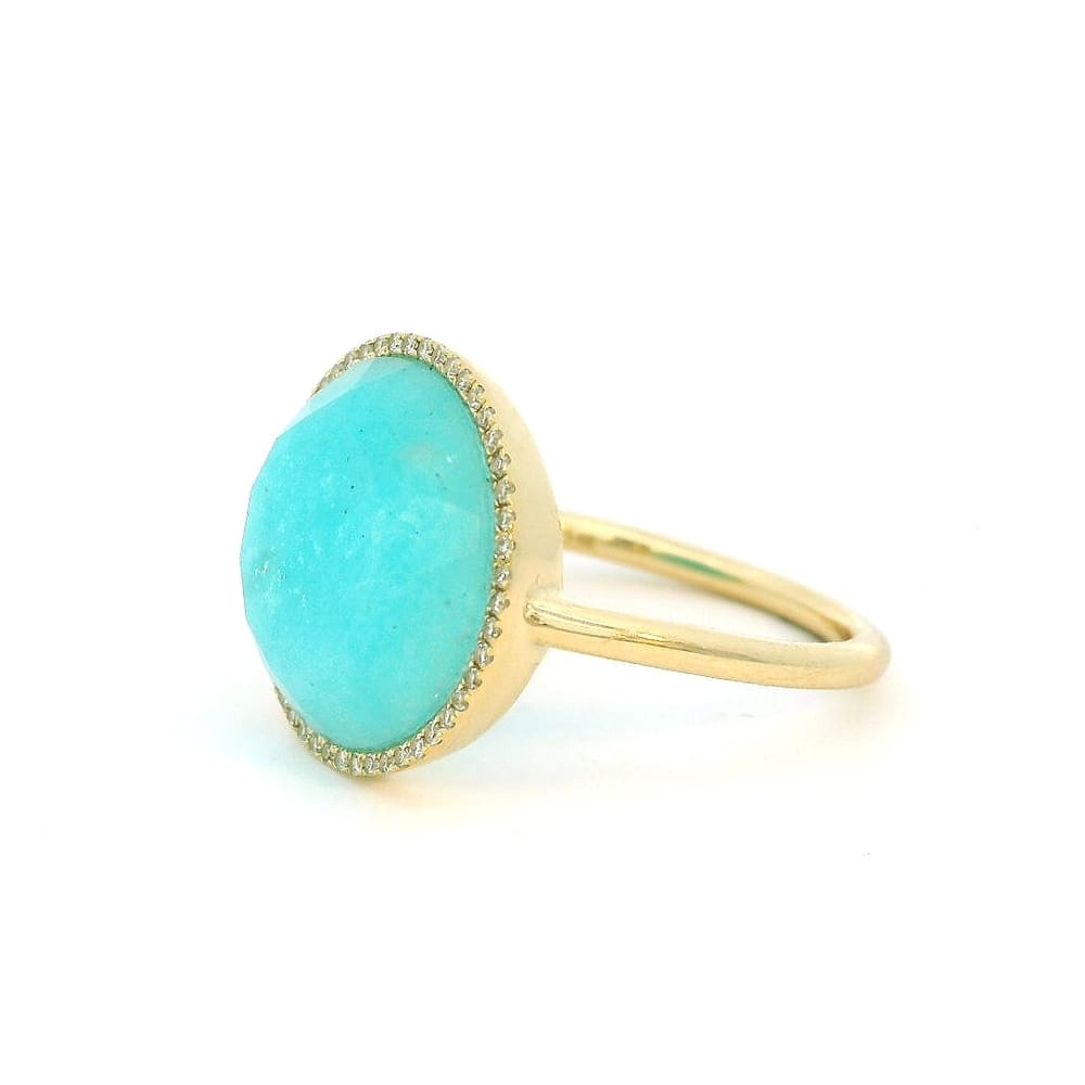 14K YG 3.94CT Amazonite & 0.11ctw Diamond Ring Sz 7.25