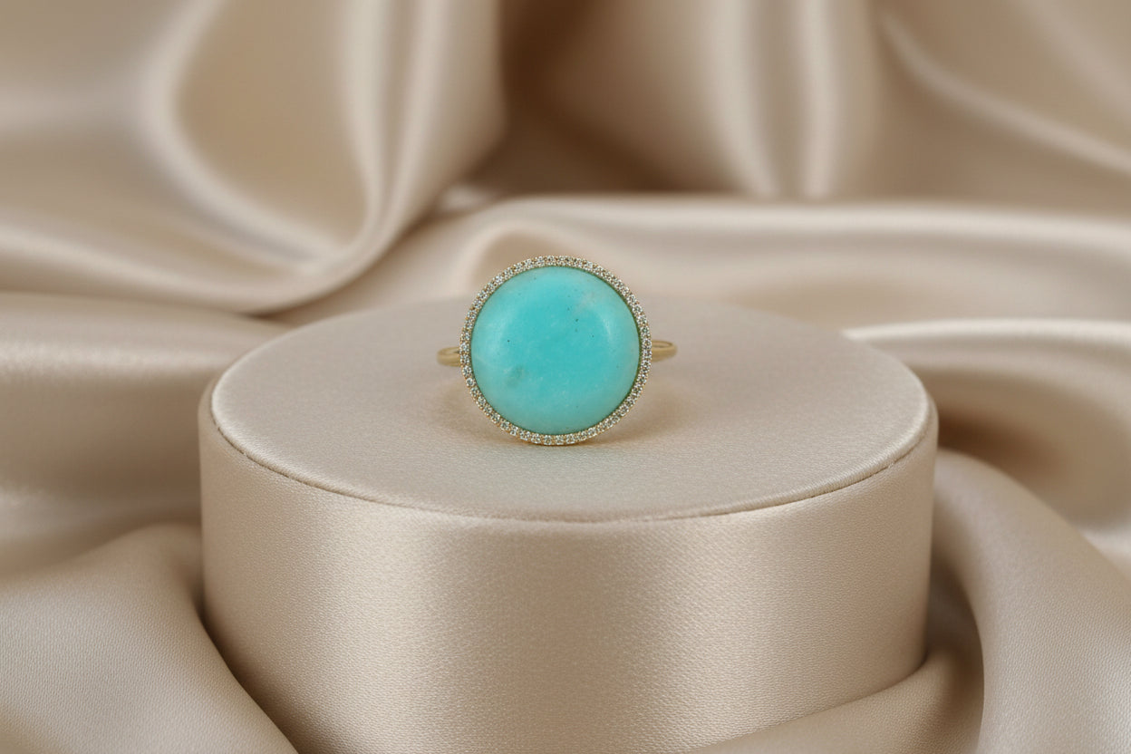 14K YG 3.94CT Amazonite & 0.11ctw Diamond Ring Sz 7.25