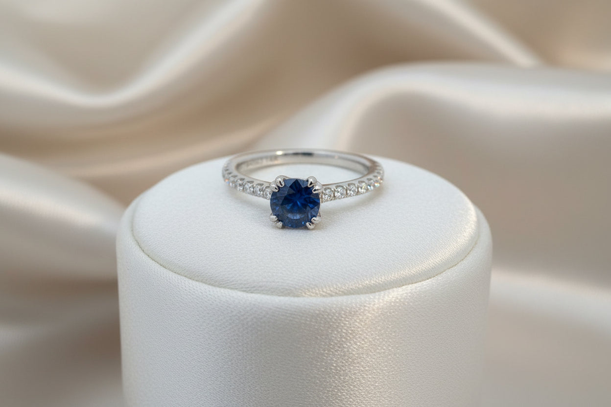 14K WG 1.15CT Blue Sapphire Center Accented with 0.33CTW SI GH Diamonds