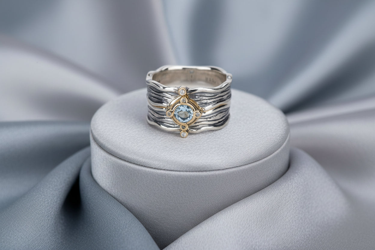 Keith Jack (2Pc) Sterling Silver Oxidized + 10K YG Sky Blue Topaz & CZ Rocks 'N Rivers Ring Size 9