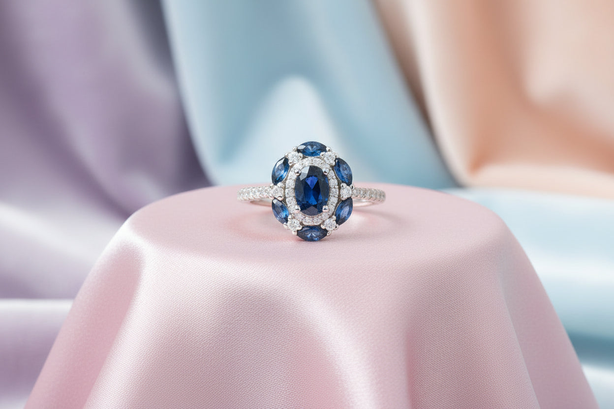 14K WG 6X4MM & 4X2MM OVAL BLUE SAPPHIRES WITH 0.33CTW RD DIAMOND RING