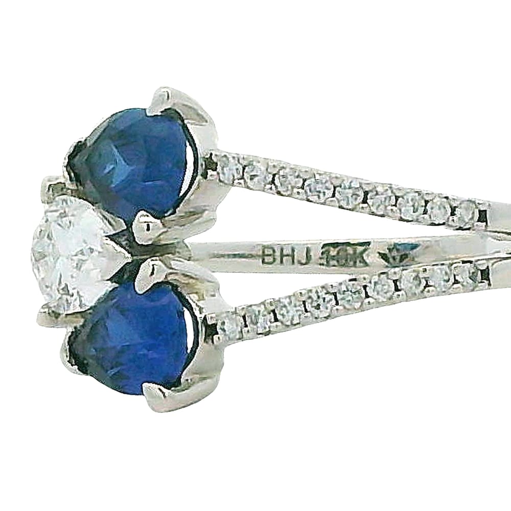 10K WG 0.40CT VS,E-F PEAR SHAPED LAB GROWN DIAMOND RING ACCENTED WITH 2 (6X4MM) BLUE PEAR SHAPED ...