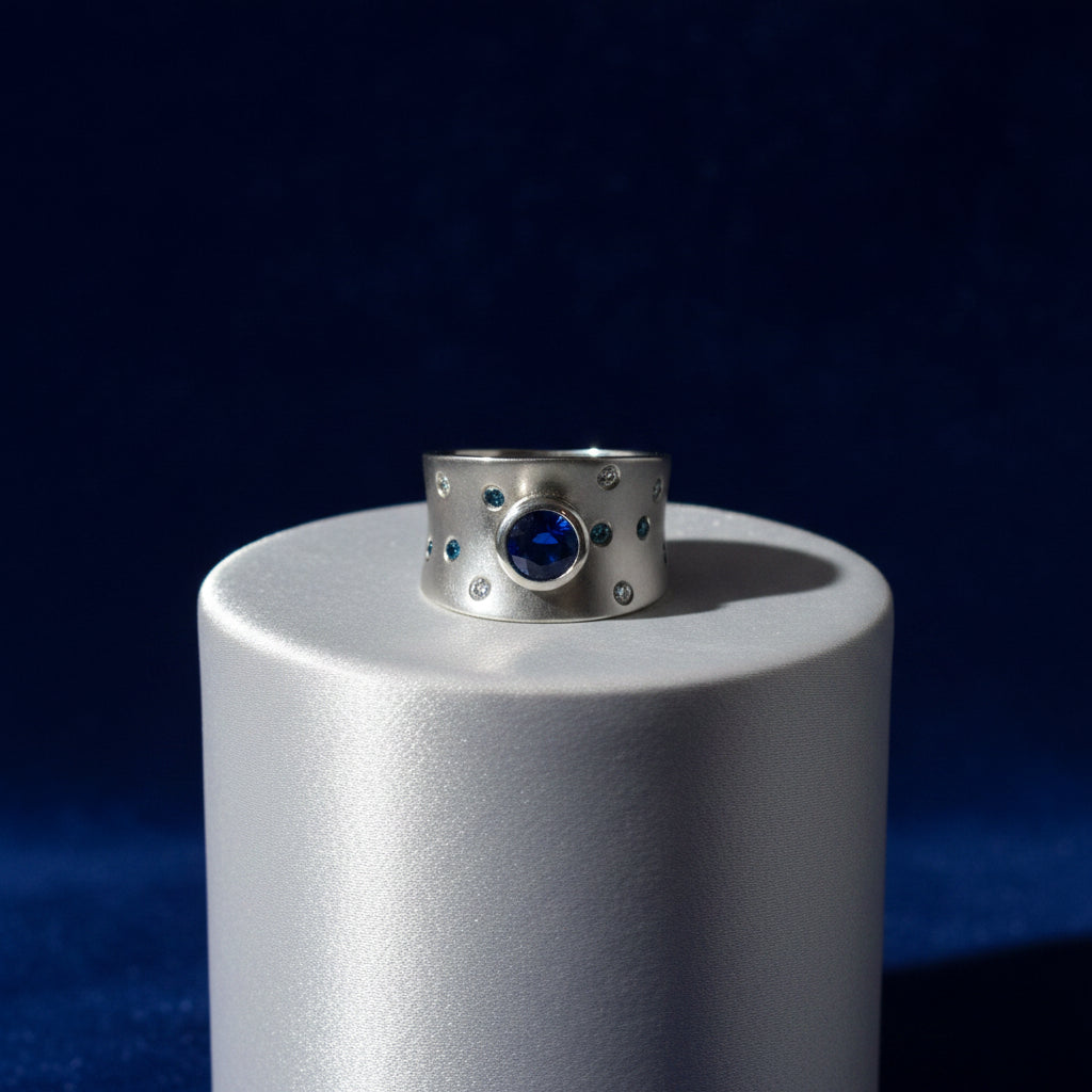 CUSTOM 14K WG CONCAVE WIDE BAND WITH ENHANCED BLUE DIAMOND AND WHITE DIAMOND GYPSY SET ON EITHER ...
