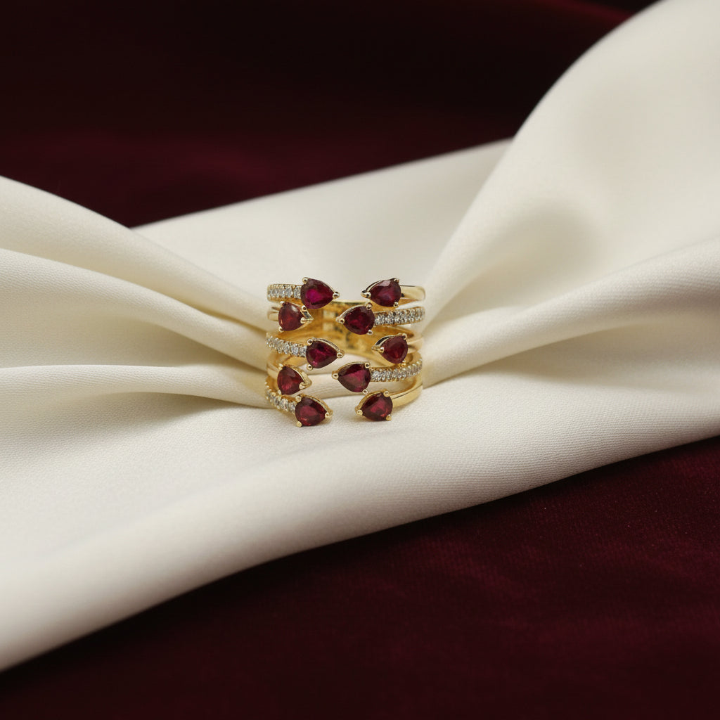 14K Yellow gold ruby and diamond multi row open ring