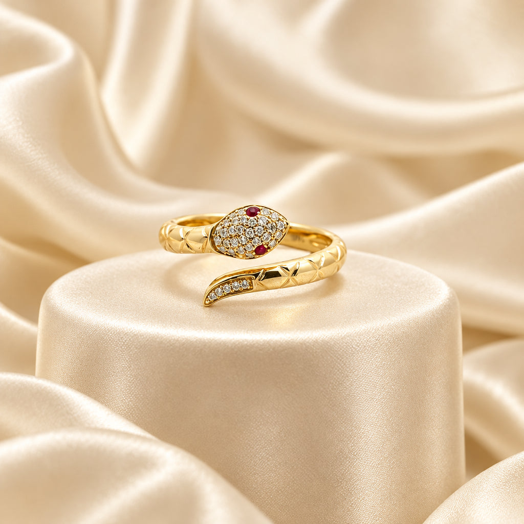 14K Yellow gold ruby and diamond snake by pass ring