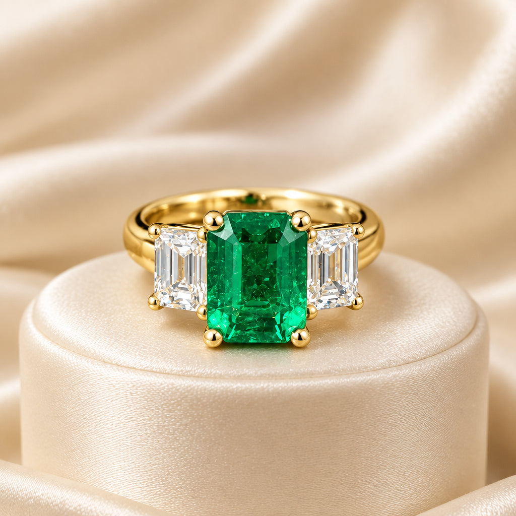 18K Yellow gold octagonal cut emerald and emerald cut Canadian diamond ring