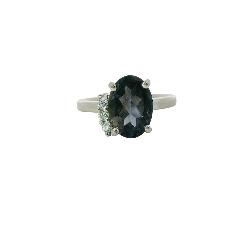 10K White gold oval Iolite and diamond ring